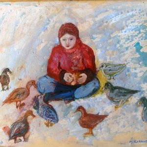 Anna Rozmuska - Dziewczynka karmiąca kaczki - Olej 74 x 58 cm